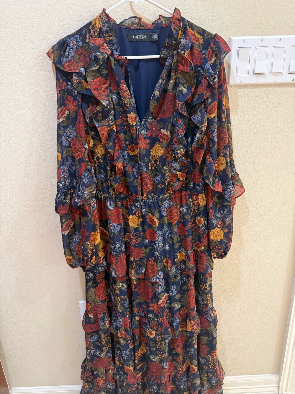 Polo by Ralph Lauren Navy Floral Ruffle Maxi Dress size 10